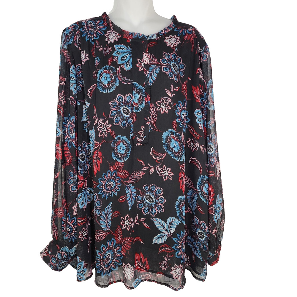 Lane Bryant Top Women Size 22 Black Floral Ruffle Neck Long Sheer Sleeve Popover